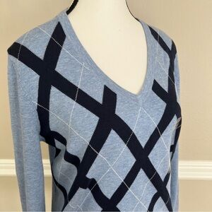 Tommy Hilfiger Argyle Sweater Pull Over Blue 100% Cotton RN77806